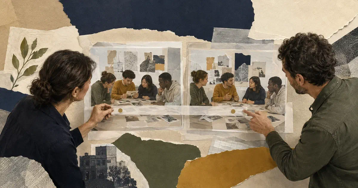 Collage de dos docentes que comparan escenas de una actividad: un grupo examina fuentes y después discute sus interpretaciones.