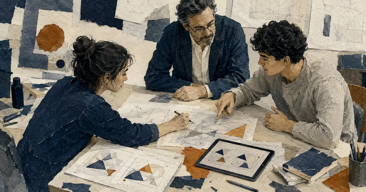 Dos estudiantes y un docente revisan diagramas geométricos y una tableta sobre una mesa.
