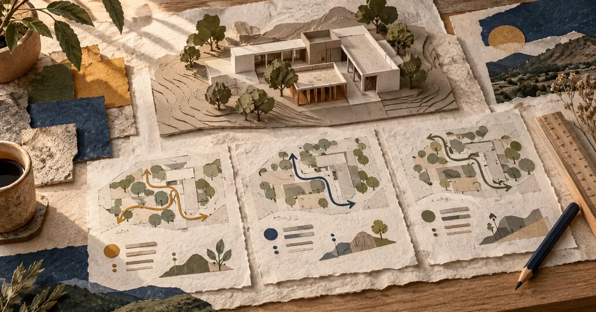 Maqueta de papel con tres rutas de planificación, regla y materiales de estudio sobre una mesa.