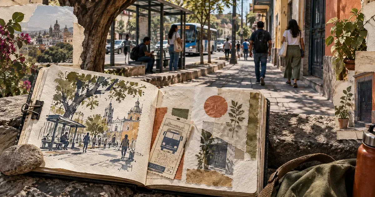 Cuaderno de campo y boleto usado junto a una calle urbana, con sombras de árbol y escenas cotidianas superpuestas.