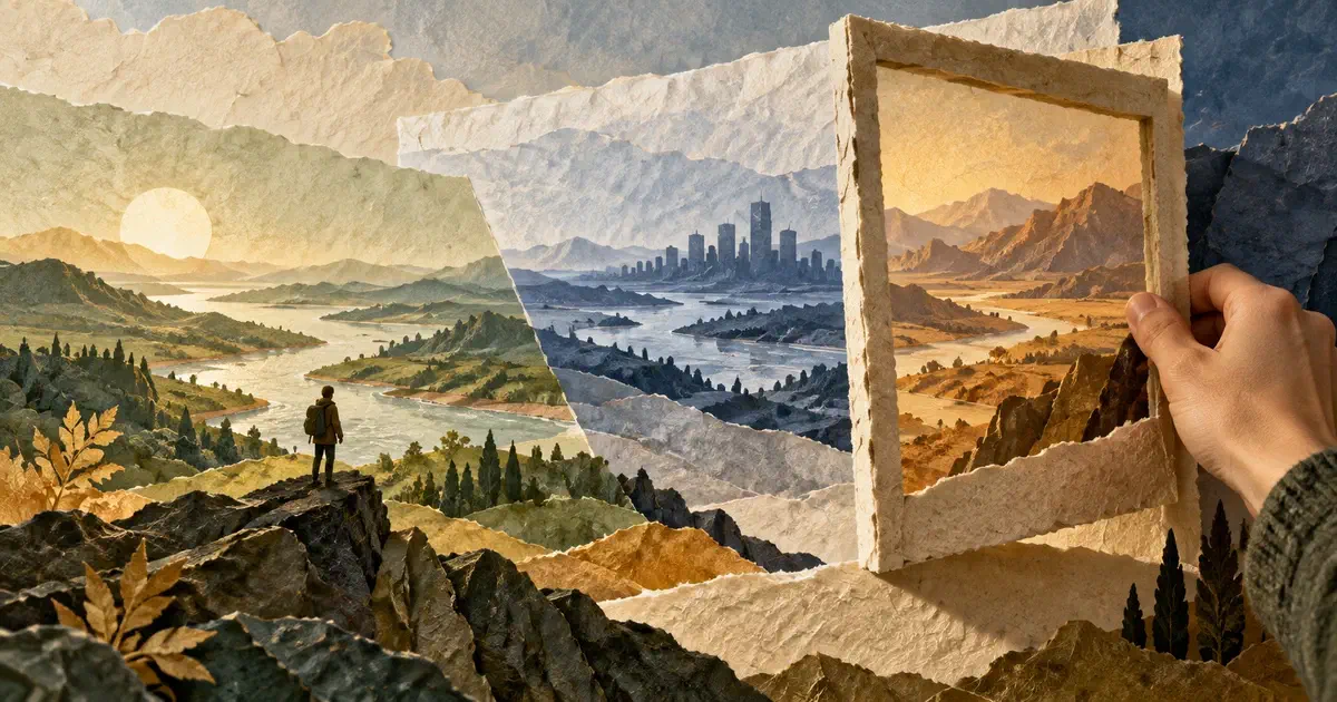 Tres paisajes posibles de papel y una mano que ajusta el marco de uno de ellos.
