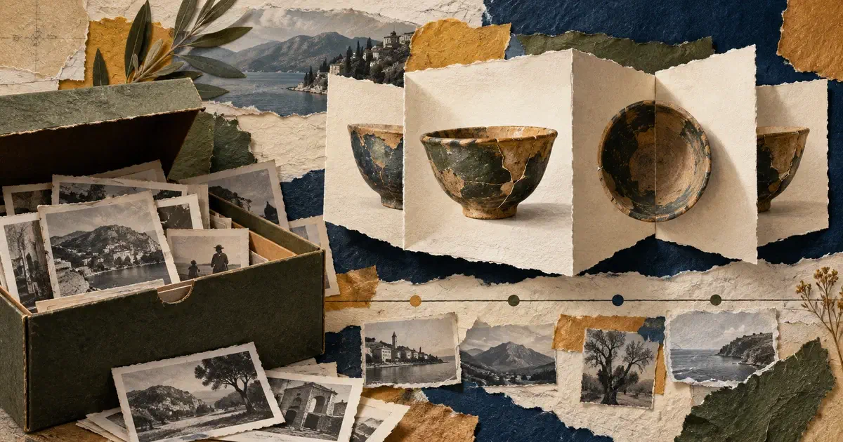 Caja de archivo con fotografías, una línea de tiempo fragmentada y un objeto central visto desde varias caras.