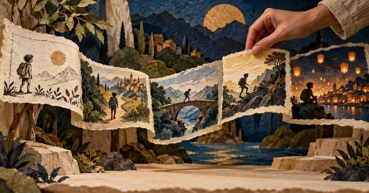 Secuencia de escenas de papel que acompaña el recorrido de una figura hasta una escena iluminada.