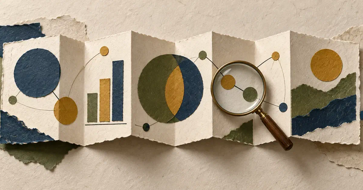 Elementos gráficos de papel plegado y una lupa que destaca una conexión entre ellos.
