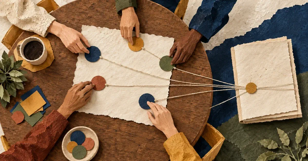 Manos alrededor de una mesa conectan piezas de papel con una hoja de acuerdos.