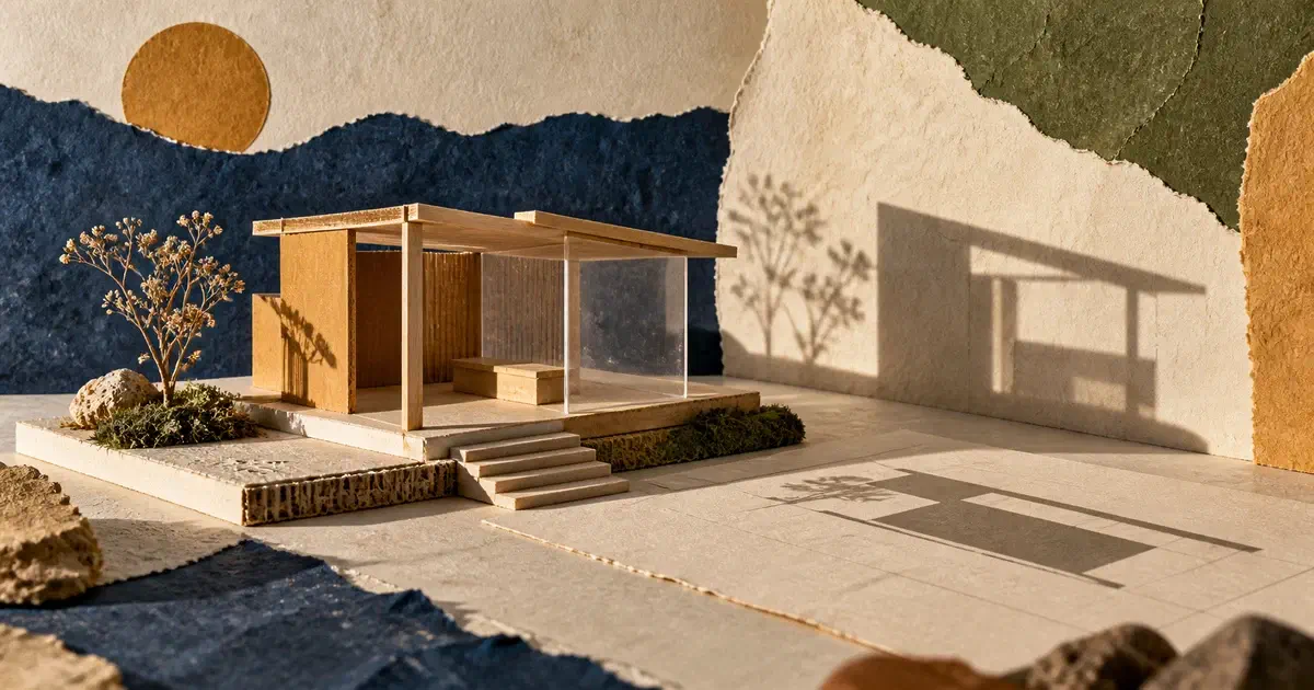 Maqueta de cartón, madera y acetato junto a un plano; una luz lateral proyecta la sombra de su estructura.