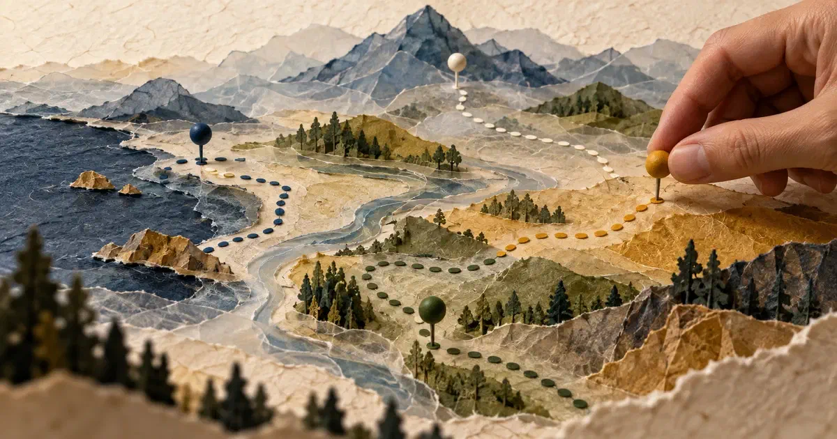 Mano que mueve un marcador entre rutas de un paisaje en miniatura hecho de capas translúcidas.
