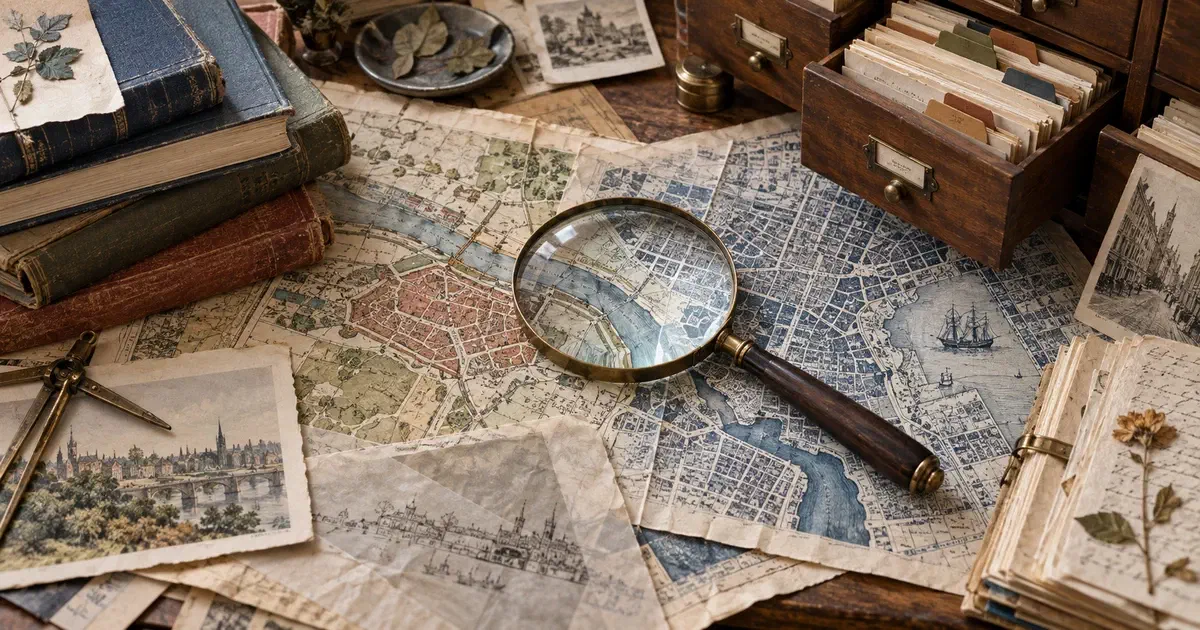 Mapas de distintas épocas, fichas de archivo y una lupa se relacionan sobre una superficie de investigación.