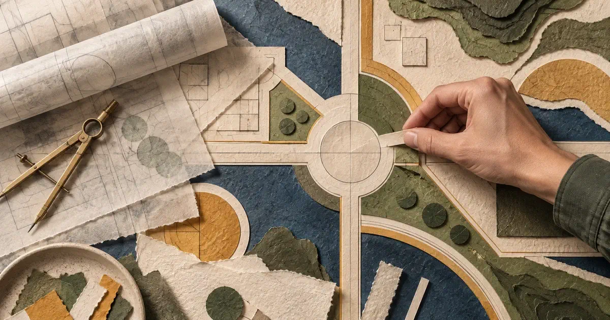 Mano alinea dos piezas de plano junto a capas translúcidas y un compás.