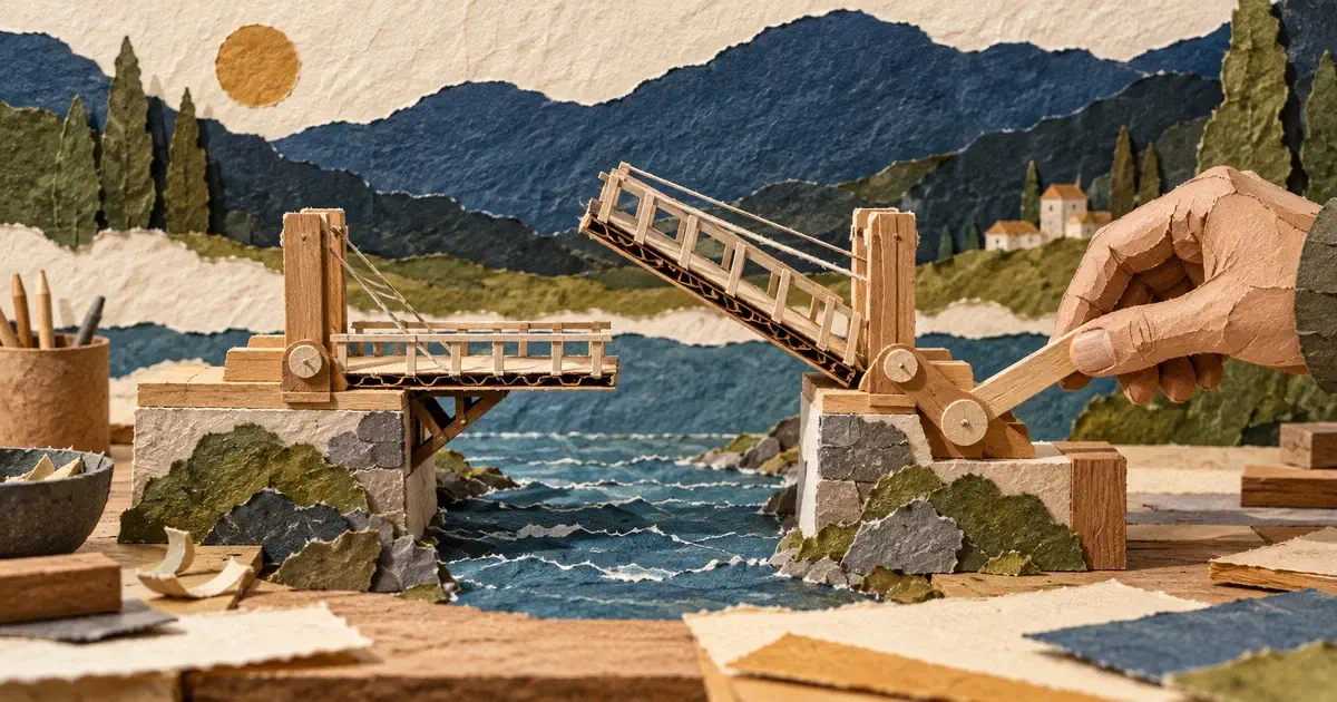 Mano prueba la palanca de un pequeño puente funcional hecho de cartón y madera.