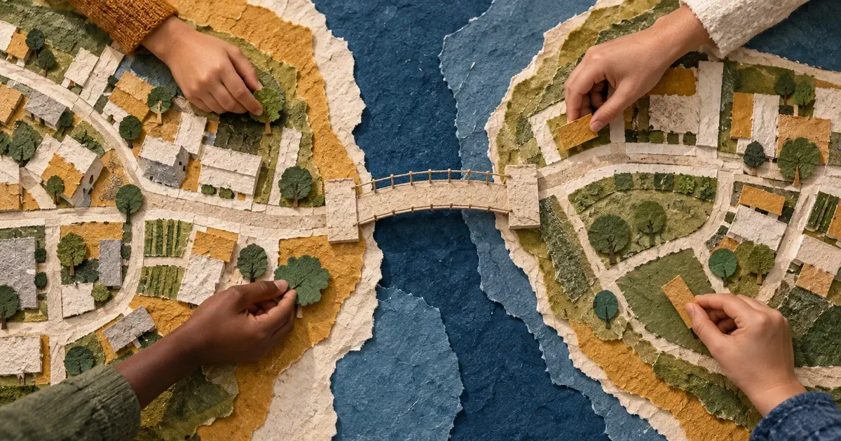 Varias manos ajustan un mapa de barrio de papel unido por un puente.