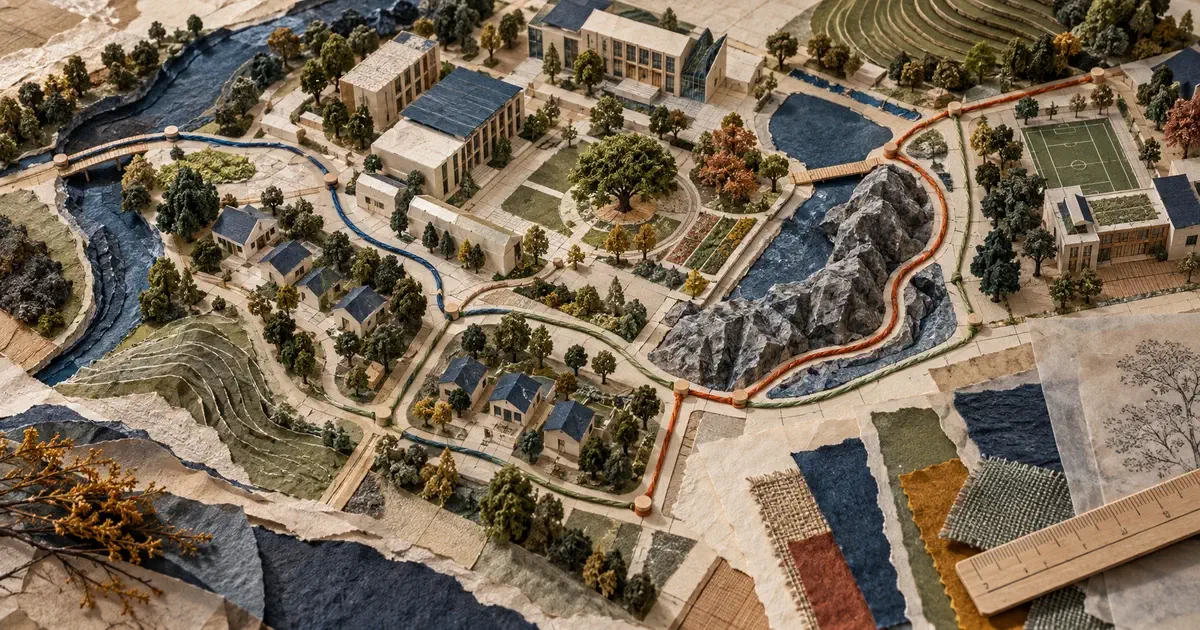 Maqueta de barrio y campus con marcadores de recursos e hilos que comparan rutas y rodean una restricción.