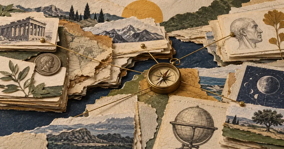 Brújula uniendo tarjetas de archivo, mapas y documentos de distintas épocas sobre capas de papel.