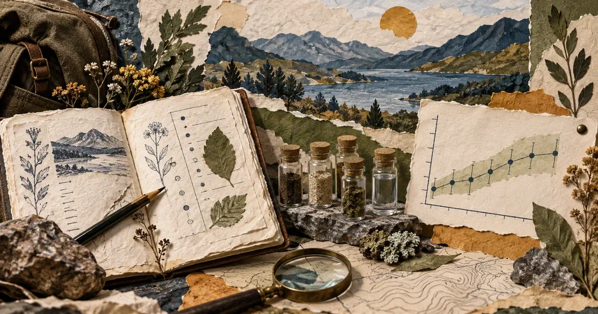 Cuaderno de mediciones, muestras y gráfica con margen de incertidumbre en collage de papel.