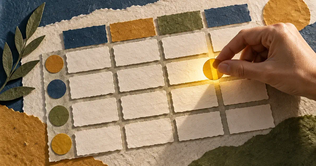 Mano mueve un marcador translúcido sobre una cuadrícula de tarjetas de papel.