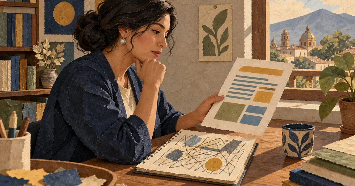 Una profesora compara una hoja revisada con un cuaderno anterior junto a una ventana, en un collage de papel con textura.