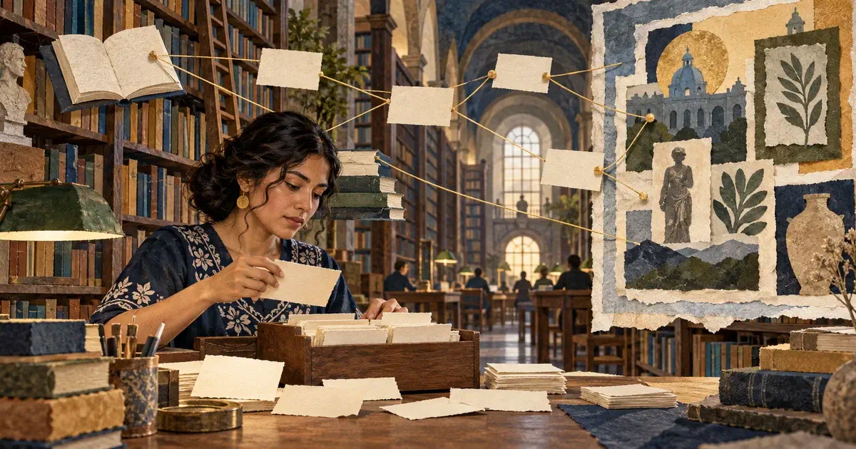 Una bibliotecaria relaciona fichas bibliográficas, documentos y colecciones en una biblioteca universitaria, en un collage editorial.