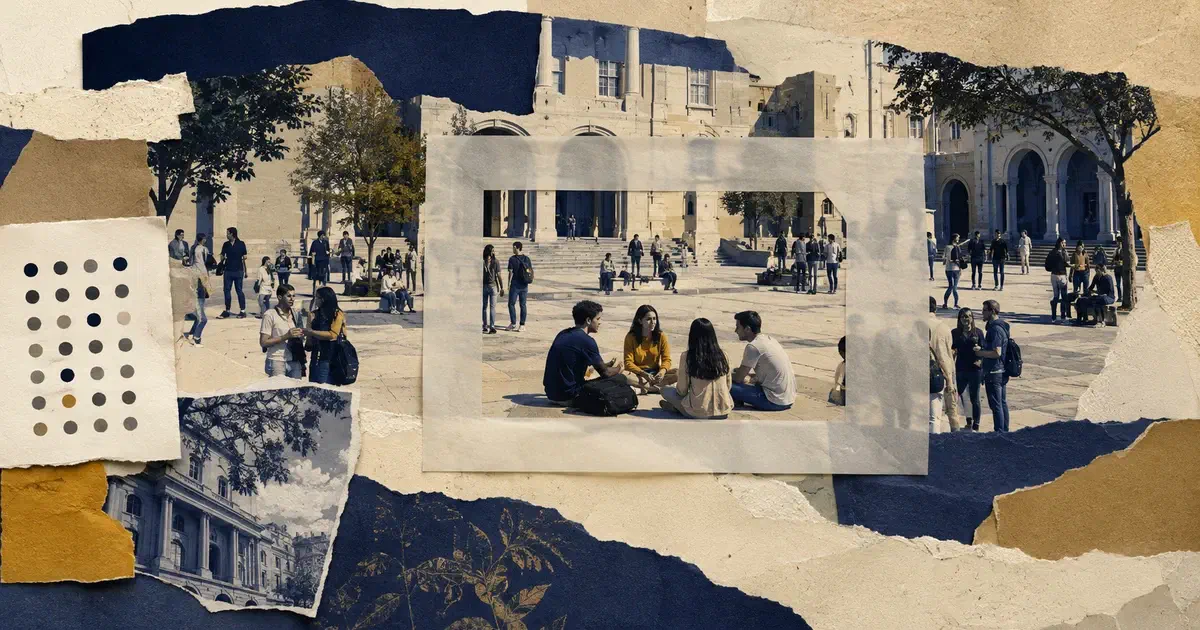 Collage de una comunidad universitaria: un marco translúcido delimita un grupo y deja visible a quienes quedan fuera de esa muestra.