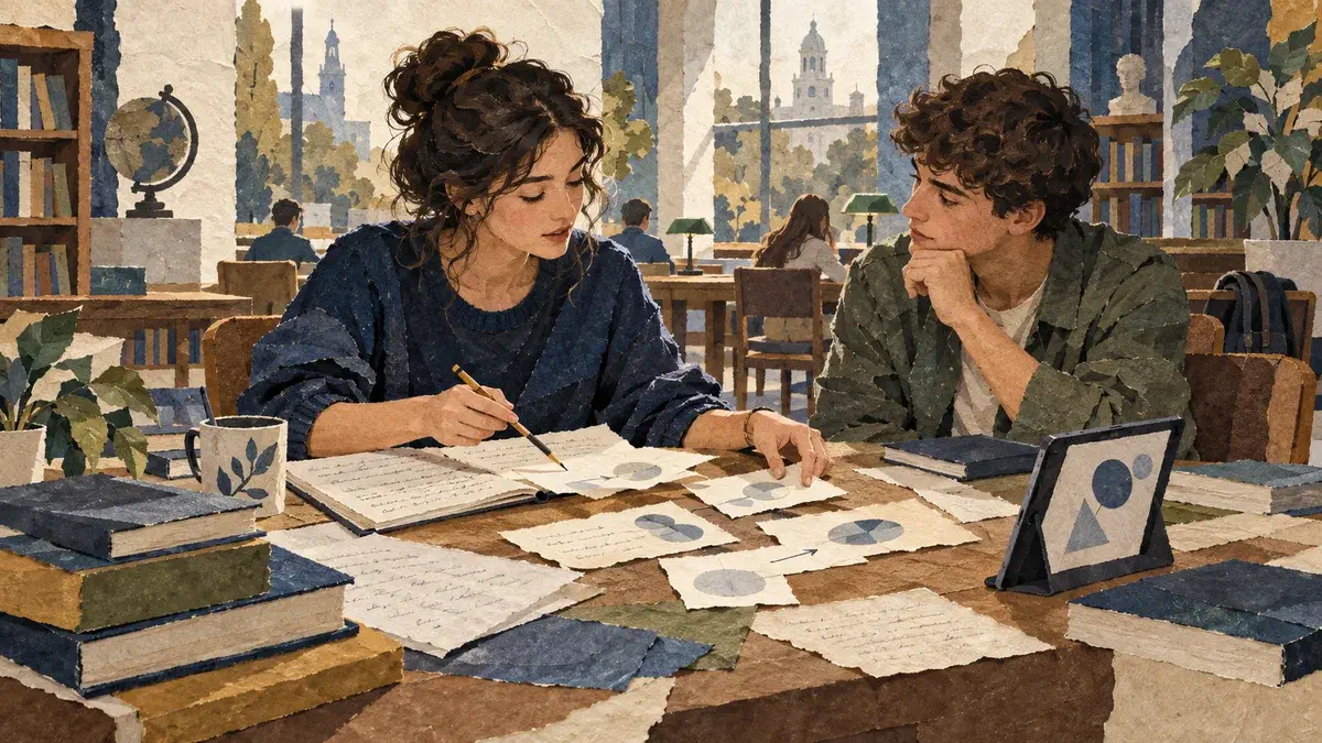 Collage de papel: una estudiante explica su razonamiento a un compañero mientras compara sus notas con una respuesta digital.