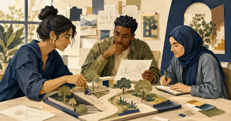 Tres estudiantes examinan una maqueta de plaza con una rampa y contrastan el modelo con un dibujo y notas.