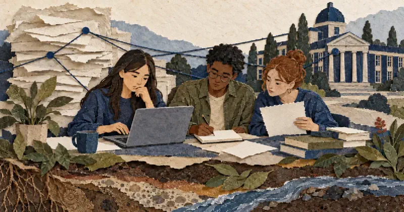 Una estudiante se detiene ante la laptop mientras otro escribe y una tercera revisa una hoja, unidos por hilos a la universidad sobre capas de tierra, plantas y agua.