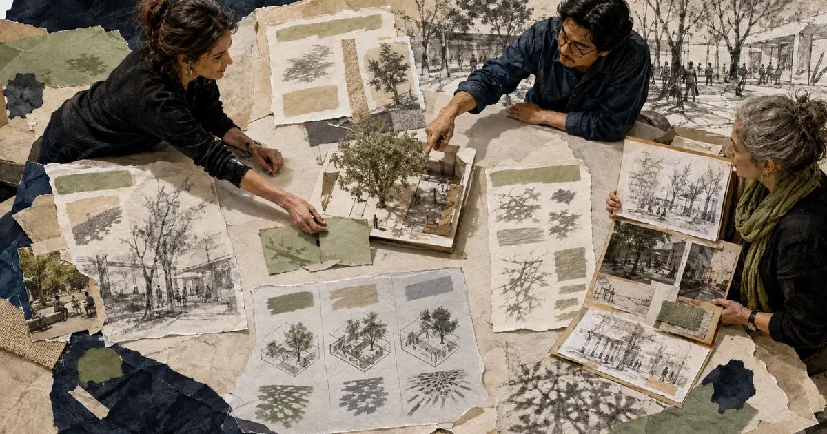 Collage editorial de tres personas que organizan un plan de diseño alrededor de una maqueta de patio arbolado, con bocetos, fuentes y alternativas sobre la mesa.