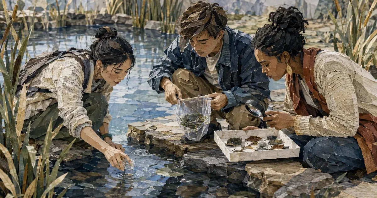 Tres estudiantes recogen y observan agua, plantas y piedras en la orilla de un estanque.
