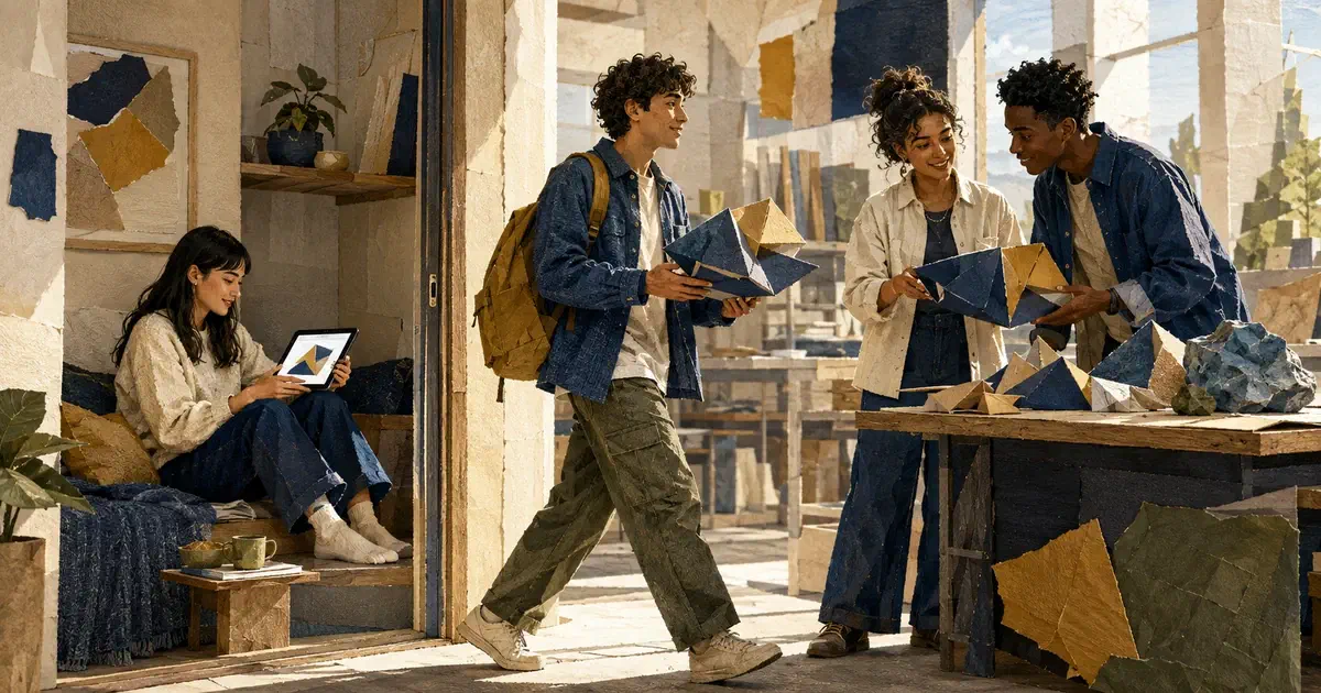 Una estudiante consulta una maqueta geométrica en una tableta mientras un compañero lleva la misma pieza a un taller donde otras dos personas la examinan.