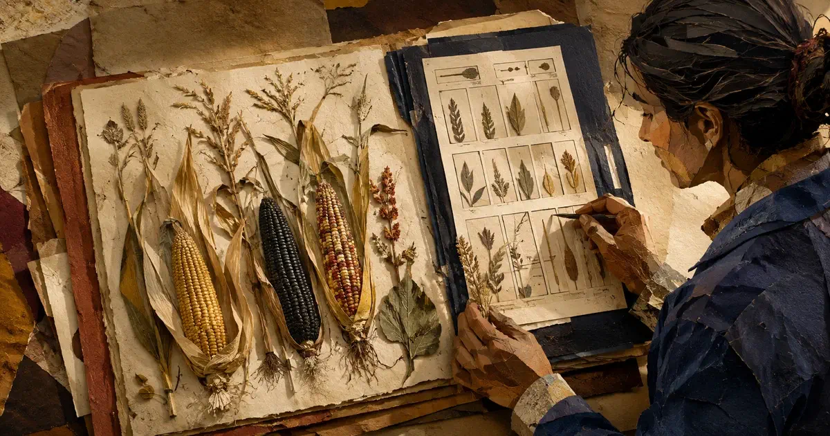 Collage de una investigadora que compara maíces y otras plantas con una ficha de clasificación que no recoge todas sus diferencias.