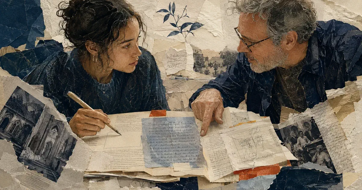 Collage editorial de una estudiante y un mentor que revisan un borrador junto a fuentes y bocetos; el mentor señala un vacío que la estudiante vuelve a examinar.