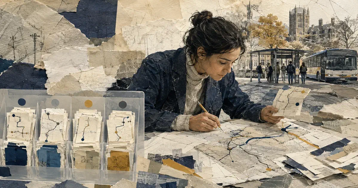Collage editorial de una investigadora que compara agrupaciones de rutas con casos y un boceto propio frente a una parada de autobús.
