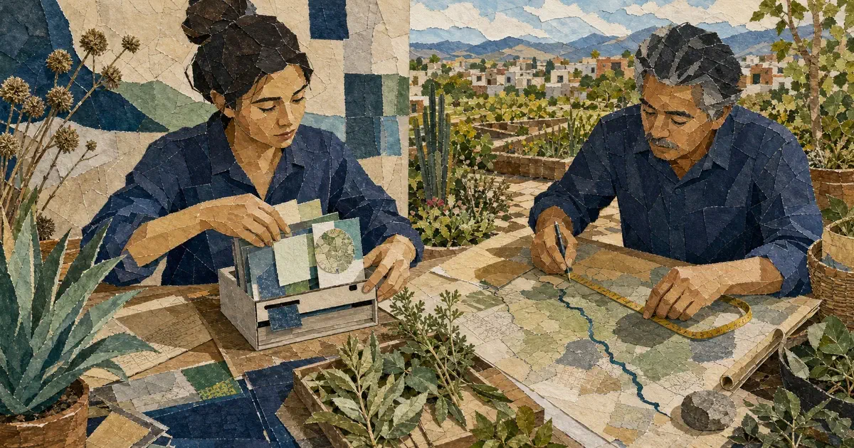 Dos personas relacionan fichas de trabajo con un mapa medido sobre una mesa al aire libre.