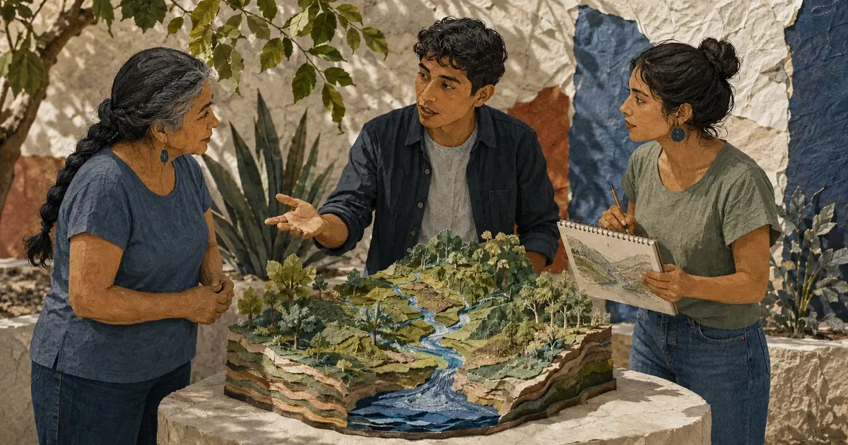 Tres personas conversan alrededor de una maqueta del relieve y un cuaderno de campo.