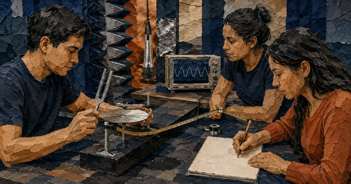 Tres personas relacionan un diapasón, instrumentos de medición y un cuaderno en un laboratorio de acústica.