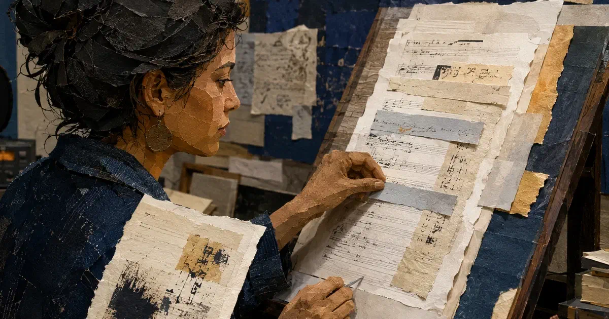 Editora combina fragmentos de cuaderno e impresión en un atril mientras revisa una versión anterior.