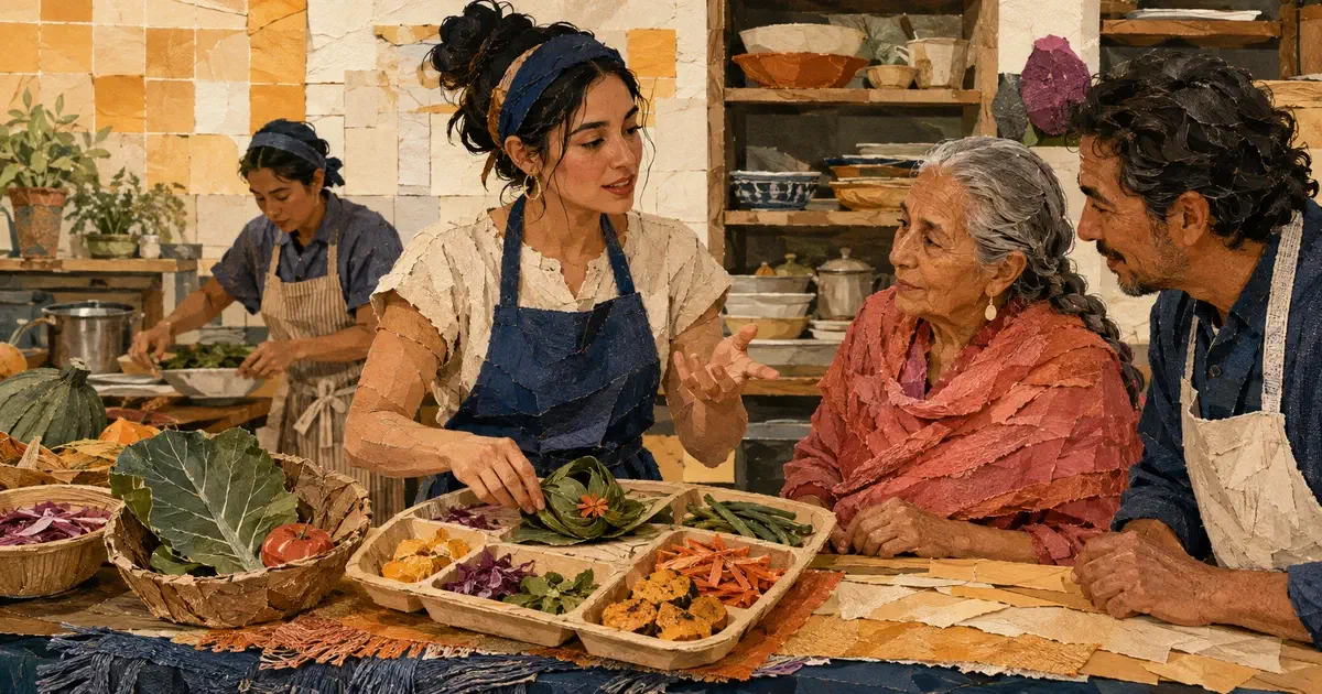 Una cocinera coloca hojas y verduras en una bandeja mientras conversa con una mujer mayor y un hombre en una cocina comunitaria.