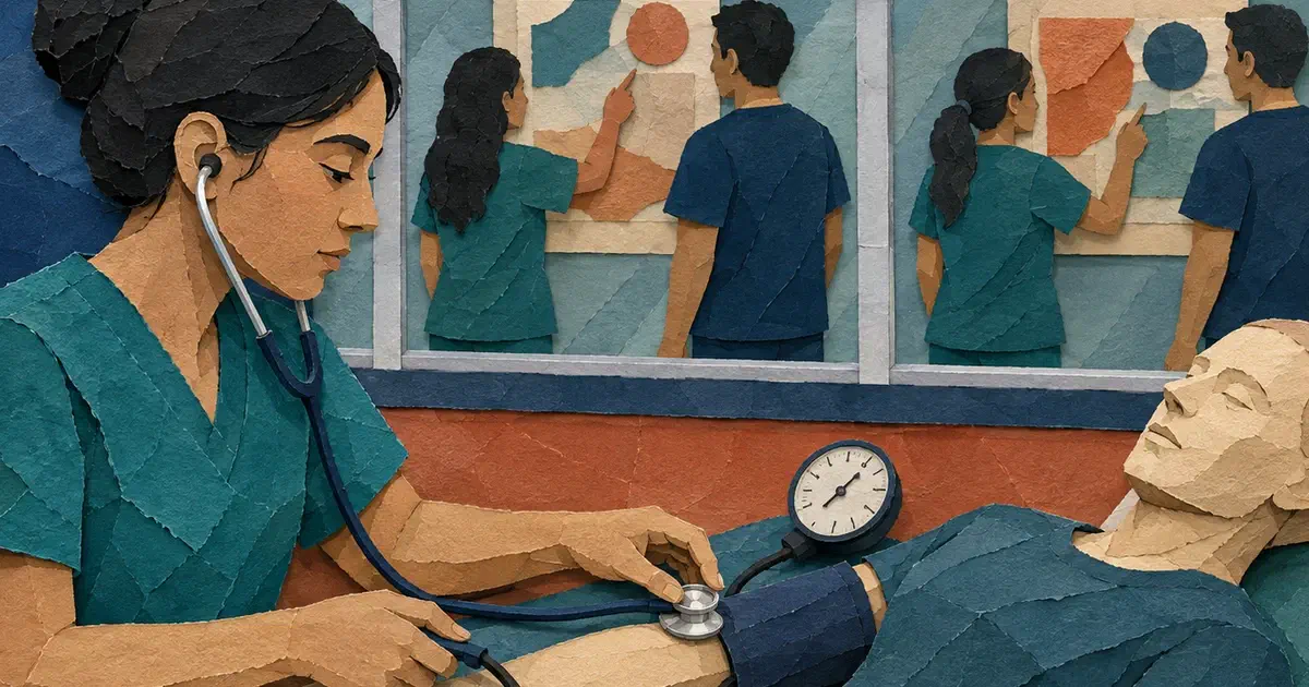 Estudiante practica un instrumento junto a un maniquí mientras otros pares revisan casos de pie tras un vidrio.