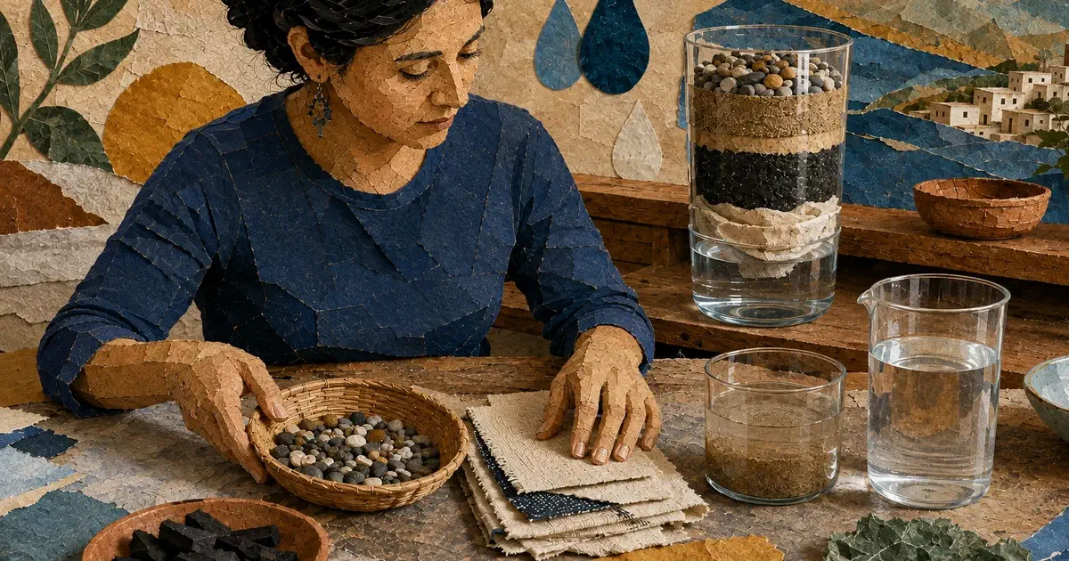 Docente organiza materiales y recipientes para diseñar y comprobar un filtro de agua.