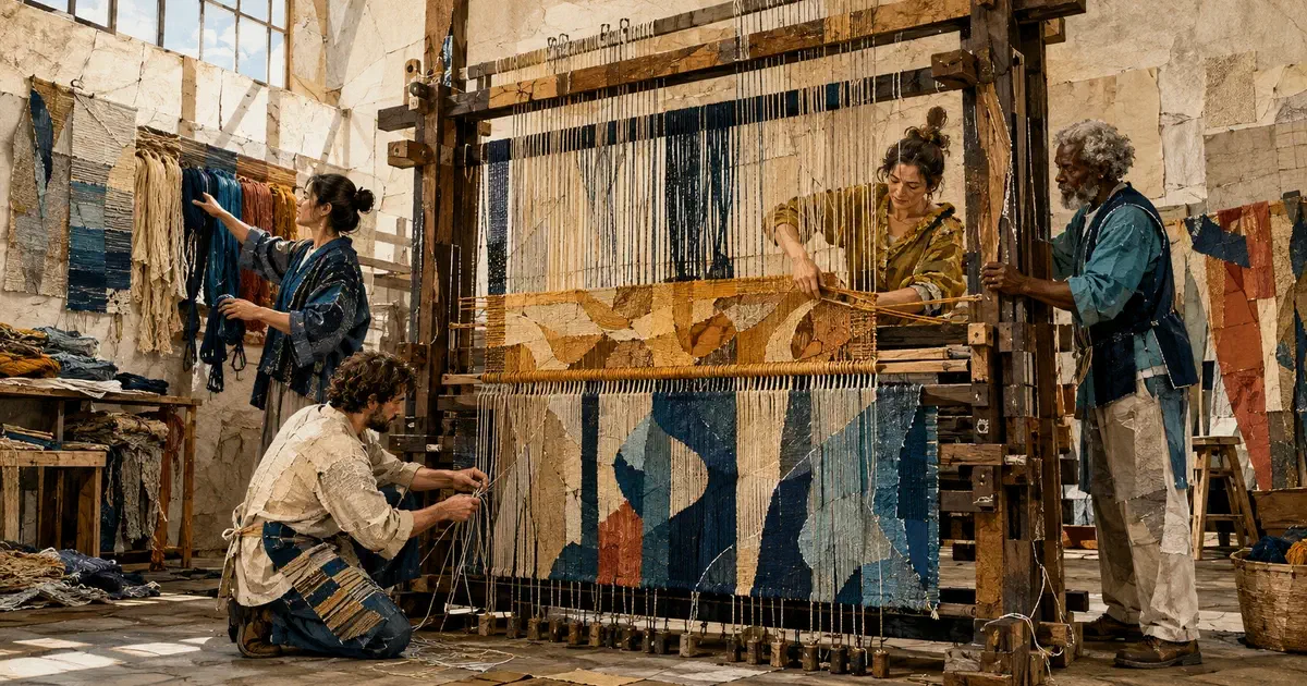Cuatro personas trabajan en distintos puntos de un telar vertical y construyen una misma tela con hilos y fragmentos de color.