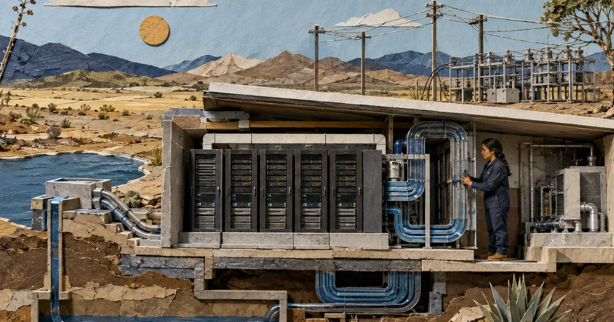 Técnica revisa una instalación de cómputo conectada a enfriamiento, agua y electricidad.