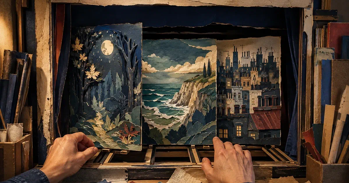 Dos manos cambian escenografías de papel de bosque nocturno, costa y ciudad dentro de un pequeño escenario.