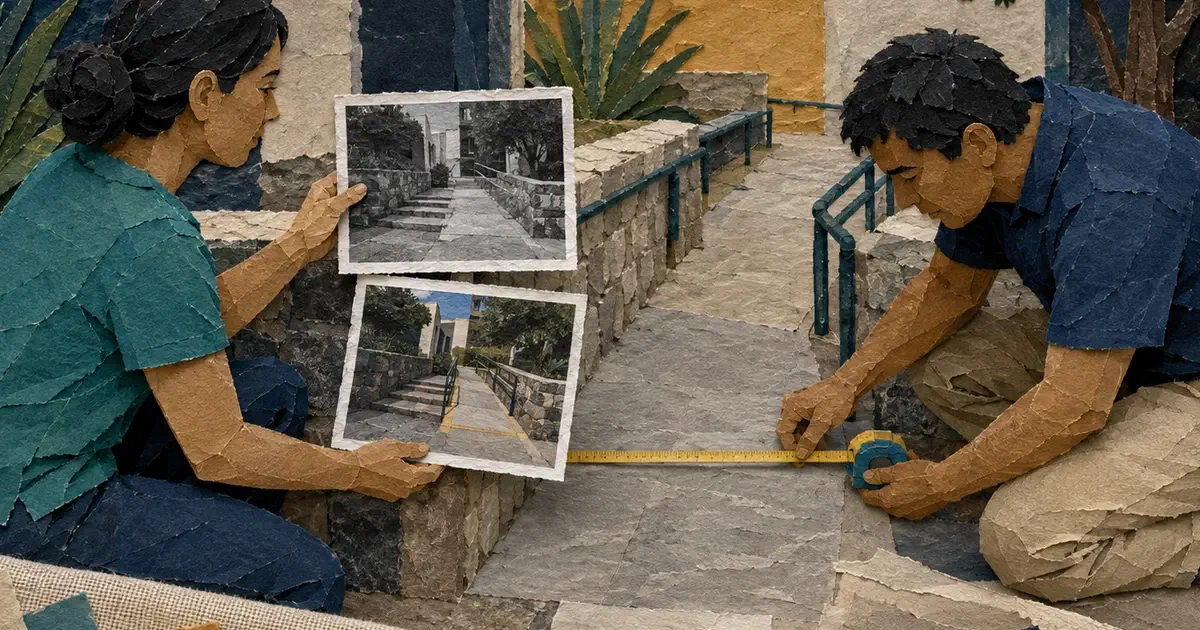 Dos personas comparan registros de accesibilidad mientras miden el paso libre de un acceso.