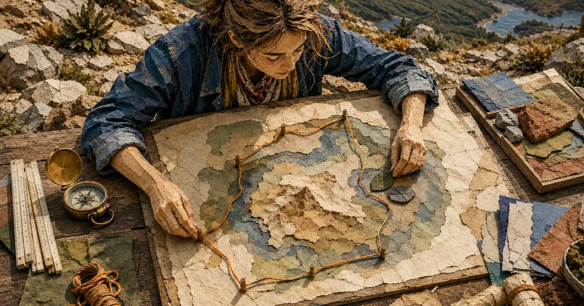 Una estudiante delimita con una cuerda naranja un área sobre un mapa de relieve de papel al aire libre.