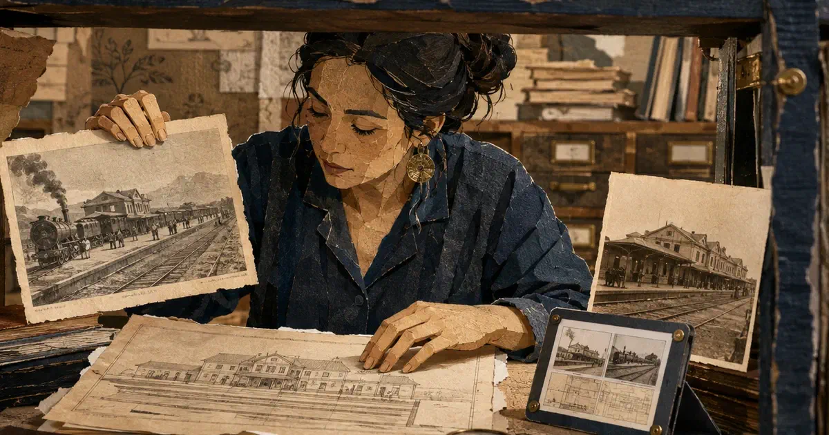 Investigadora contrasta un grabado, una fotografía y un plano físico entre estantes de archivo.
