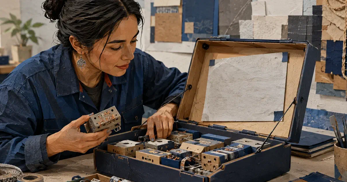 Ingeniera examina módulos y conexiones de un contenedor técnico abierto.