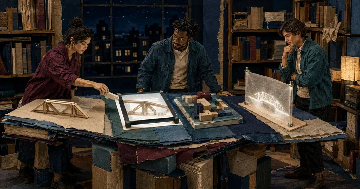 Tres estudiantes comparan cuatro maquetas de puentes sobre una mesa cubierta con tela añil en una biblioteca nocturna.