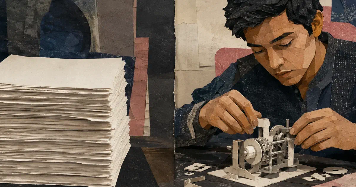 Una pila de páginas contrasta con la reconstrucción manual de un mecanismo en un taller editorial.
