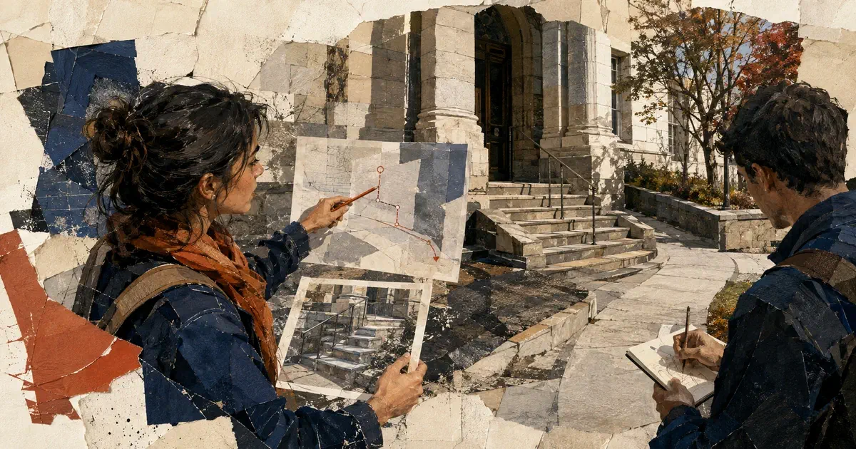 Collage editorial de una estudiante que contrasta un recorrido dibujado con las escaleras y el acceso observados, mientras otra persona toma notas.