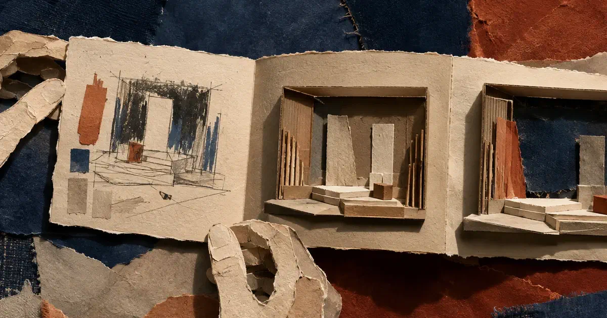 Portafolio acordeón muestra boceto, maqueta y revisión de una escenografía.