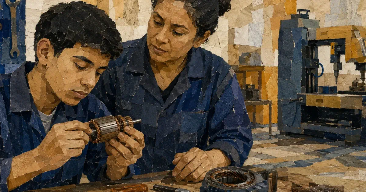 Aprendiz practica una inspección junto a técnica experimentada en un taller.